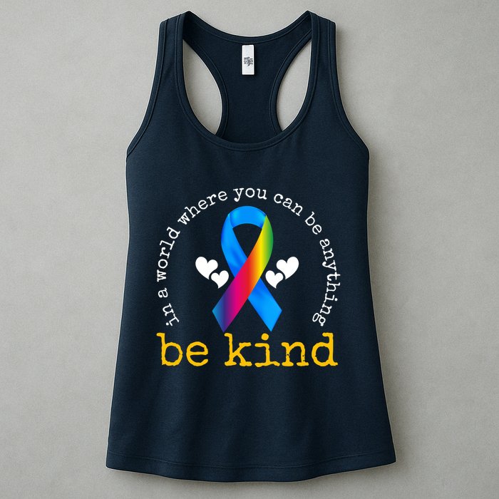 In A World Where You Can Be Anything Be Kind Autism Awareness Ribbon Womens Tank Top