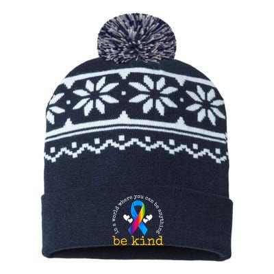 In A World Where You Can Be Anything Be Kind Autism Awareness Ribbon USA-Made Snowflake Beanie