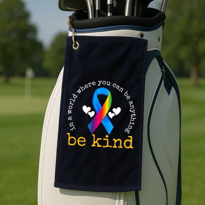 In A World Where You Can Be Anything Be Kind Autism Awareness Ribbon Golf Towel