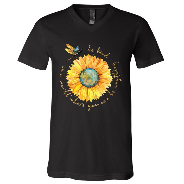 In A World Where You Can Be Anything Be Kind Sunflower V-Neck T-Shirt