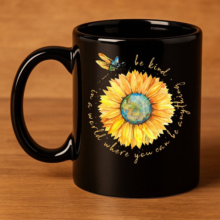 In A World Where You Can Be Anything Be Kind Sunflower 11oz C Handle Ceramic Mug
