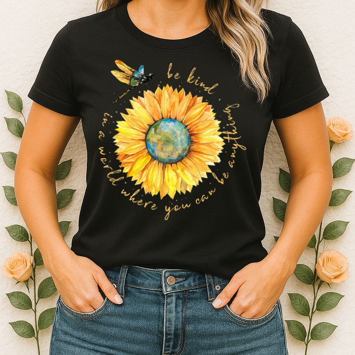 In A World Where You Can Be Anything Be Kind Sunflower Womens T-Shirt