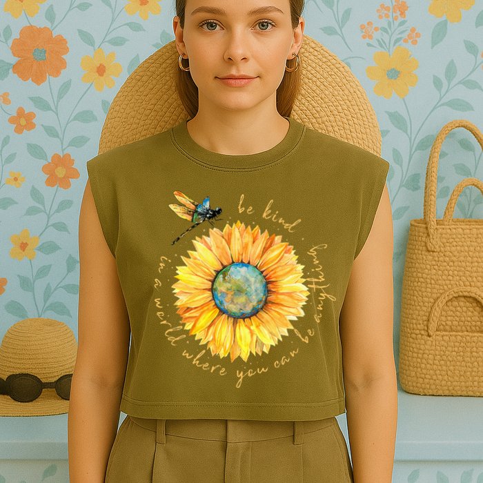 In A World Where You Can Be Anything Be Kind Sunflower Garment-Dyed Women's Muscle Tee