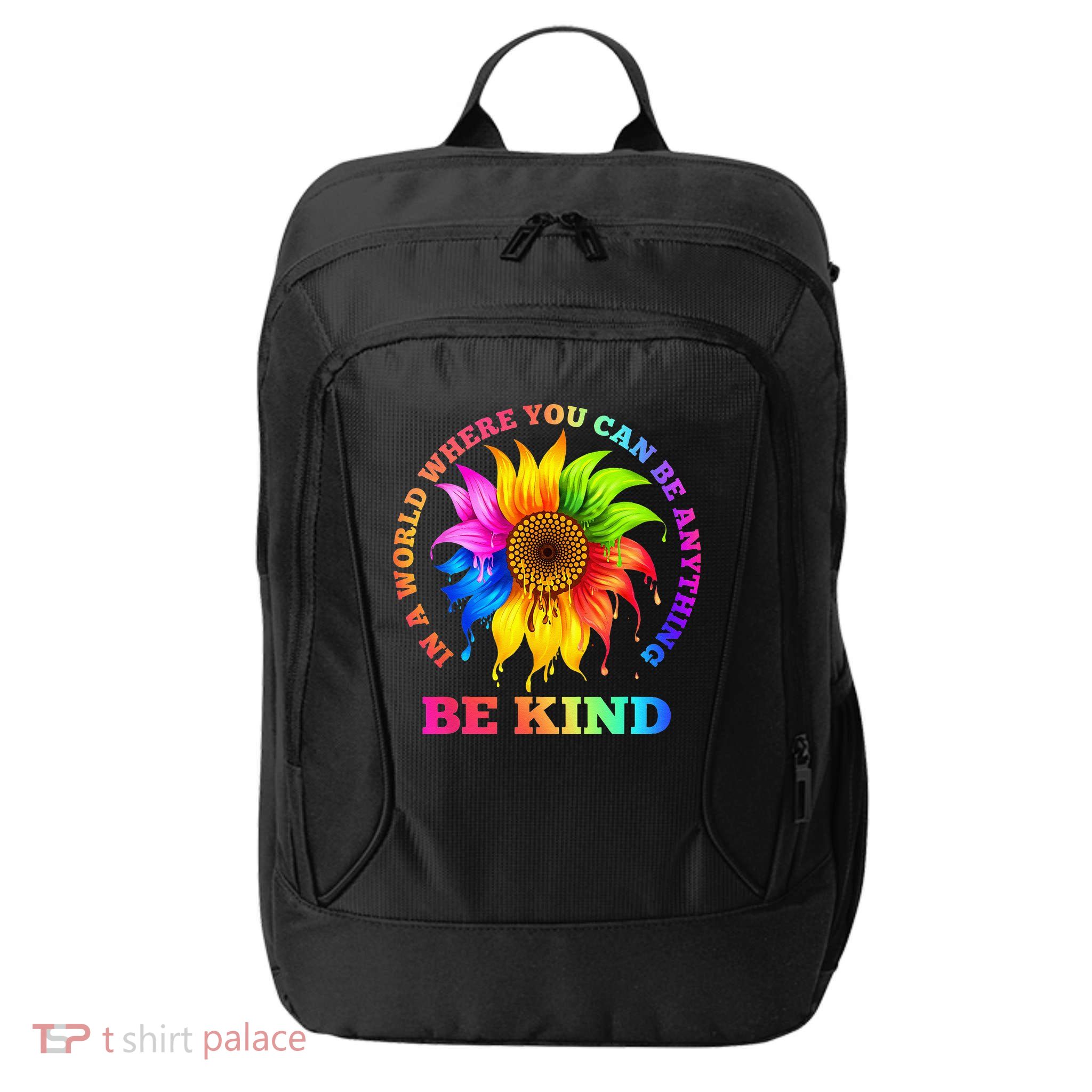 In A World Where You Can Be Anything BE KIND LGBT Rainbow City Backpack