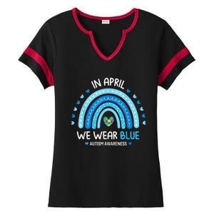 In April We Wear Blue Rainbow Autism Awareness Puzzle Love Ladies Halftime Notch Neck Tee