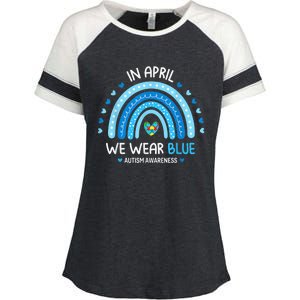 In April We Wear Blue Rainbow Autism Awareness Puzzle Love Enza Ladies Jersey Colorblock Tee