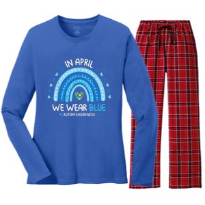 In April We Wear Blue Rainbow Autism Awareness Puzzle Love Women's Long Sleeve Flannel Pajama Set 