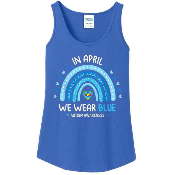 In April We Wear Blue Rainbow Autism Awareness Puzzle Love Ladies Essential Tank