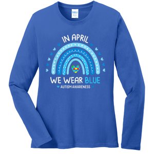 In April We Wear Blue Rainbow Autism Awareness Puzzle Love Ladies Long Sleeve Shirt