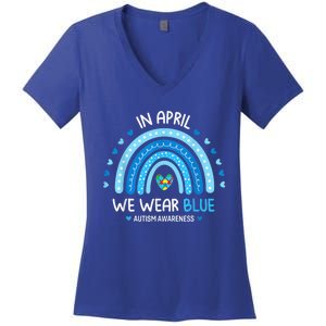 In April We Wear Blue Rainbow Autism Awareness Puzzle Love Women's V-Neck T-Shirt