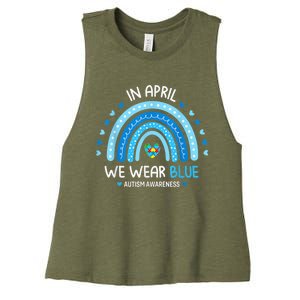 In April We Wear Blue Rainbow Autism Awareness Puzzle Love Women's Racerback Cropped Tank