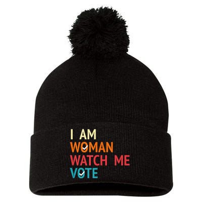 I Am Woman Watch Me Vote Kamala Harris 2024 Pom Pom 12in Knit Beanie