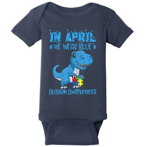 In April We Wear Blue Autism Awareness Month Dinosaur TRex Baby Bodysuit