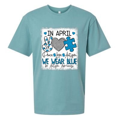 In April We Wear Blue For Autism Awareness Peace Love Autism Sueded Cloud Jersey T-Shirt