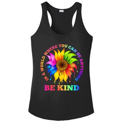 In A World Where You Can Be Anything BE KIND LGBT Rainbow Ladies PosiCharge Competitor Racerback Tank