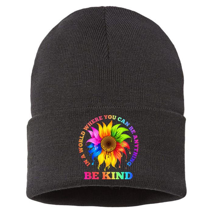 In A World Where You Can Be Anything BE KIND LGBT Rainbow Sustainable Knit Beanie