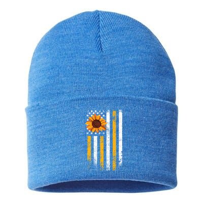 In A World Full Of Roses Be A Sunflower America Flag Cute Gift Sustainable Knit Beanie