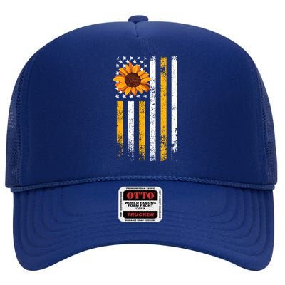 In A World Full Of Roses Be A Sunflower America Flag Cute Gift High Crown Mesh Back Trucker Hat