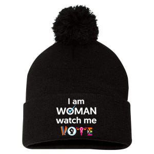 I Am Woman Watch Me Vote Pom Pom 12in Knit Beanie