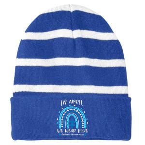 In April We Wear Blue Rainbow Striped Beanie with Solid Band