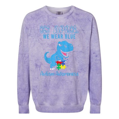 In April We Wear Blue Dinosaur Rex Autism Awareness Month Gift Colorblast Crewneck Sweatshirt