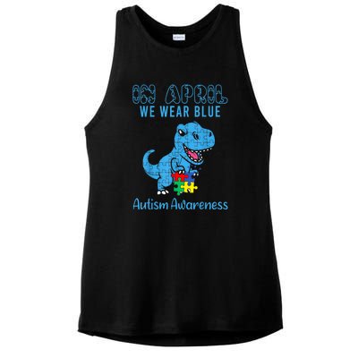 In April We Wear Blue Dinosaur Rex Autism Awareness Month Gift Ladies PosiCharge Tri-Blend Wicking Tank