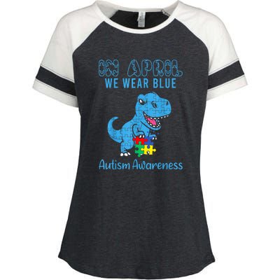 In April We Wear Blue Dinosaur Rex Autism Awareness Month Gift Enza Ladies Jersey Colorblock Tee