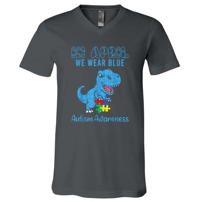 In April We Wear Blue Dinosaur Rex Autism Awareness Month Gift V-Neck T-Shirt