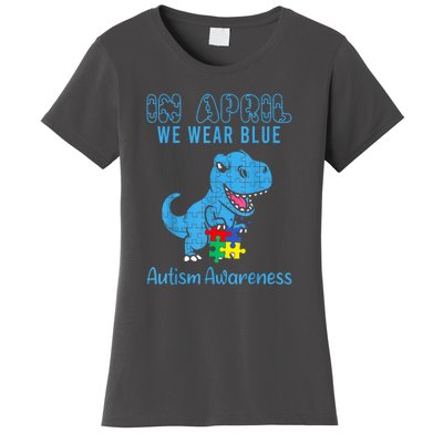 In April We Wear Blue Dinosaur Rex Autism Awareness Month Gift Women's T-Shirt