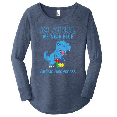 In April We Wear Blue Dinosaur Rex Autism Awareness Month Gift Women's Perfect Tri Tunic Long Sleeve Shirt