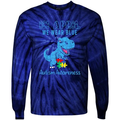 In April We Wear Blue Dinosaur Rex Autism Awareness Month Gift Tie-Dye Long Sleeve Shirt