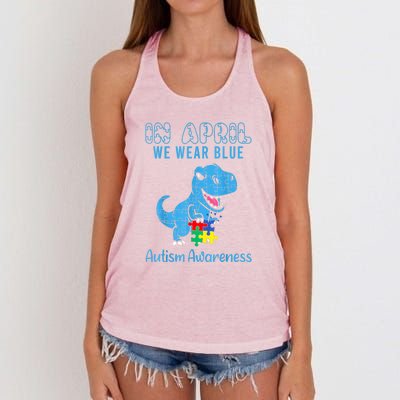 In April We Wear Blue Dinosaur Rex Autism Awareness Month Gift Women's Knotted Racerback Tank