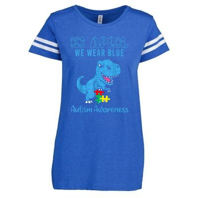 In April We Wear Blue Dinosaur Rex Autism Awareness Month Gift Enza Ladies Jersey Football T-Shirt