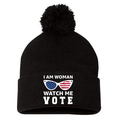 I Am Woman Watch Me Vote Pom Pom 12in Knit Beanie