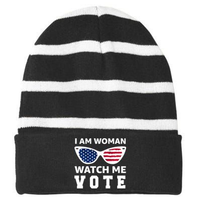 I Am Woman Watch Me Vote Striped Beanie with Solid Band