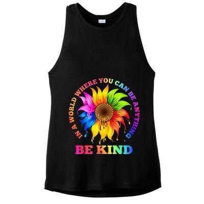 In A World Where You Can Be Anything BE KIND LGBT Rainbow Ladies PosiCharge Tri-Blend Wicking Tank