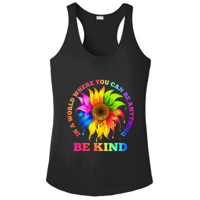 In A World Where You Can Be Anything BE KIND LGBT Rainbow Ladies PosiCharge Competitor Racerback Tank