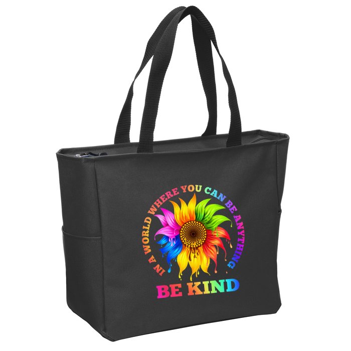 In A World Where You Can Be Anything BE KIND LGBT Rainbow Zip Tote Bag