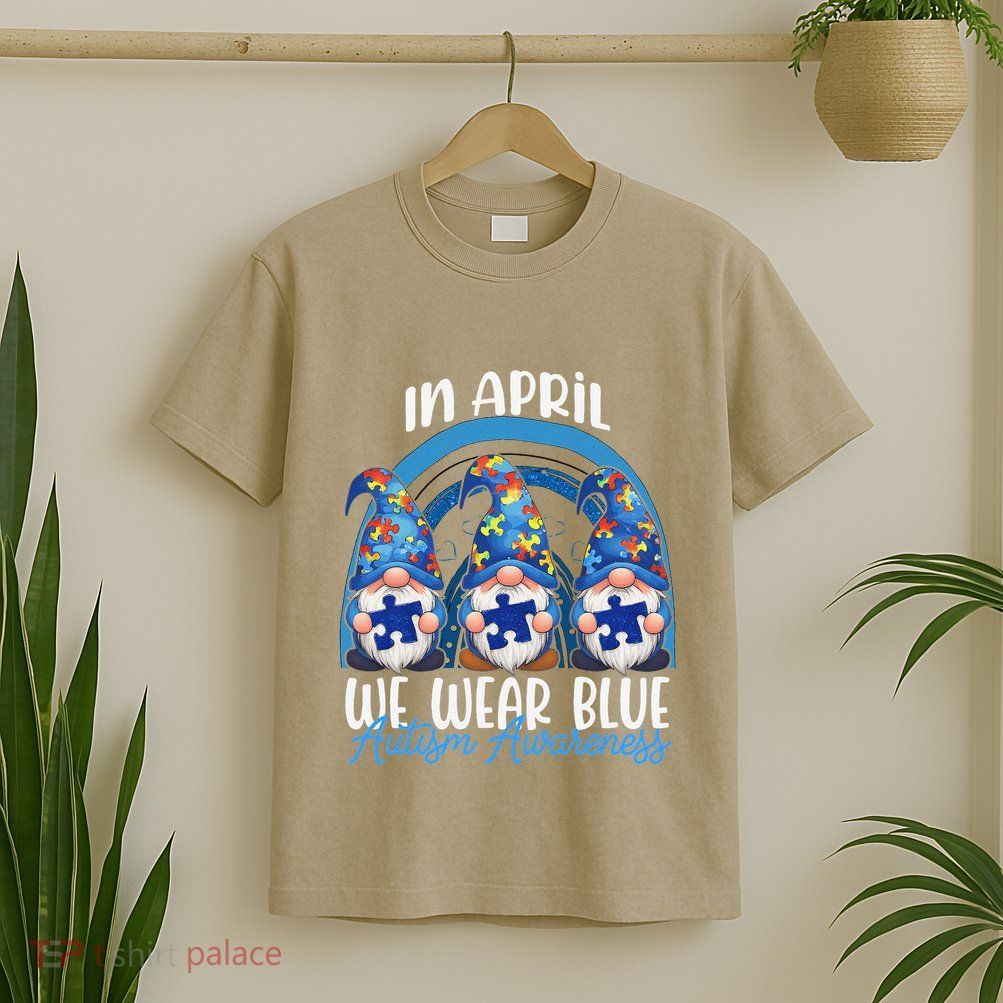 In April We Wear Blue Gnomes Rainbow Autism Awareness .Png T-Shirt