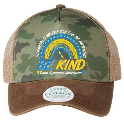 In A World Where You Can Be Anything Be Kind Down Syndrome Awareness Blue Yellow Legacy Tie Dye Trucker Hat