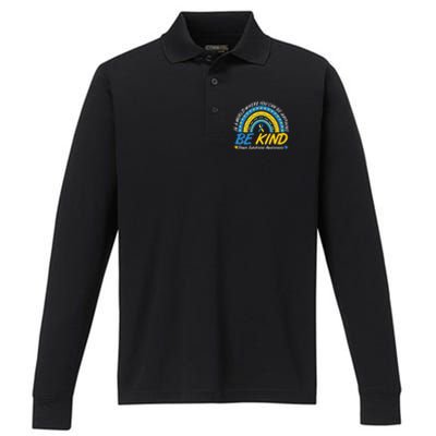 In A World Where You Can Be Anything Be Kind Down Syndrome Awareness Blue Yellow Performance Long Sleeve Polo