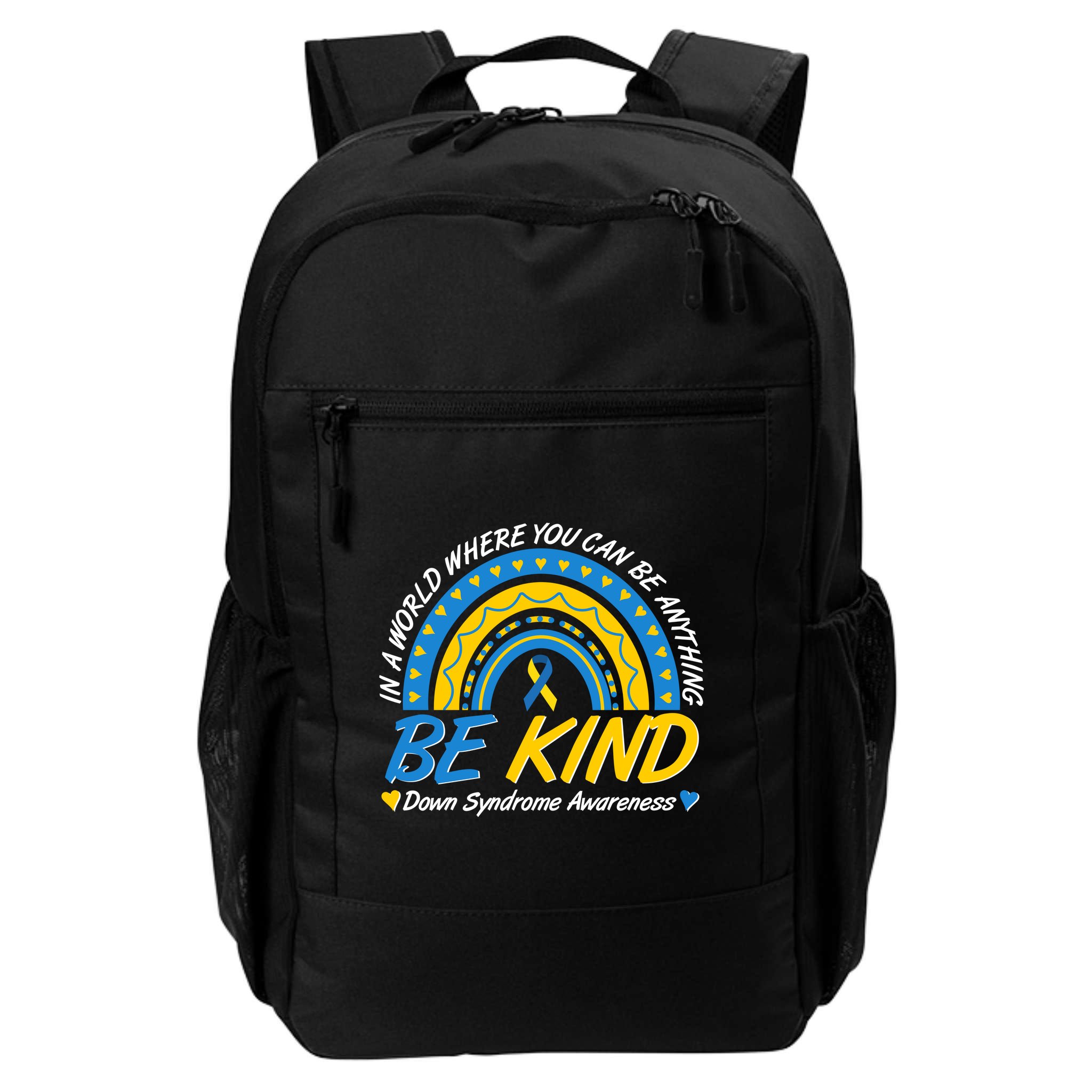 In A World Where You Can Be Anything Be Kind Down Syndrome Awareness Blue Yellow Backpack