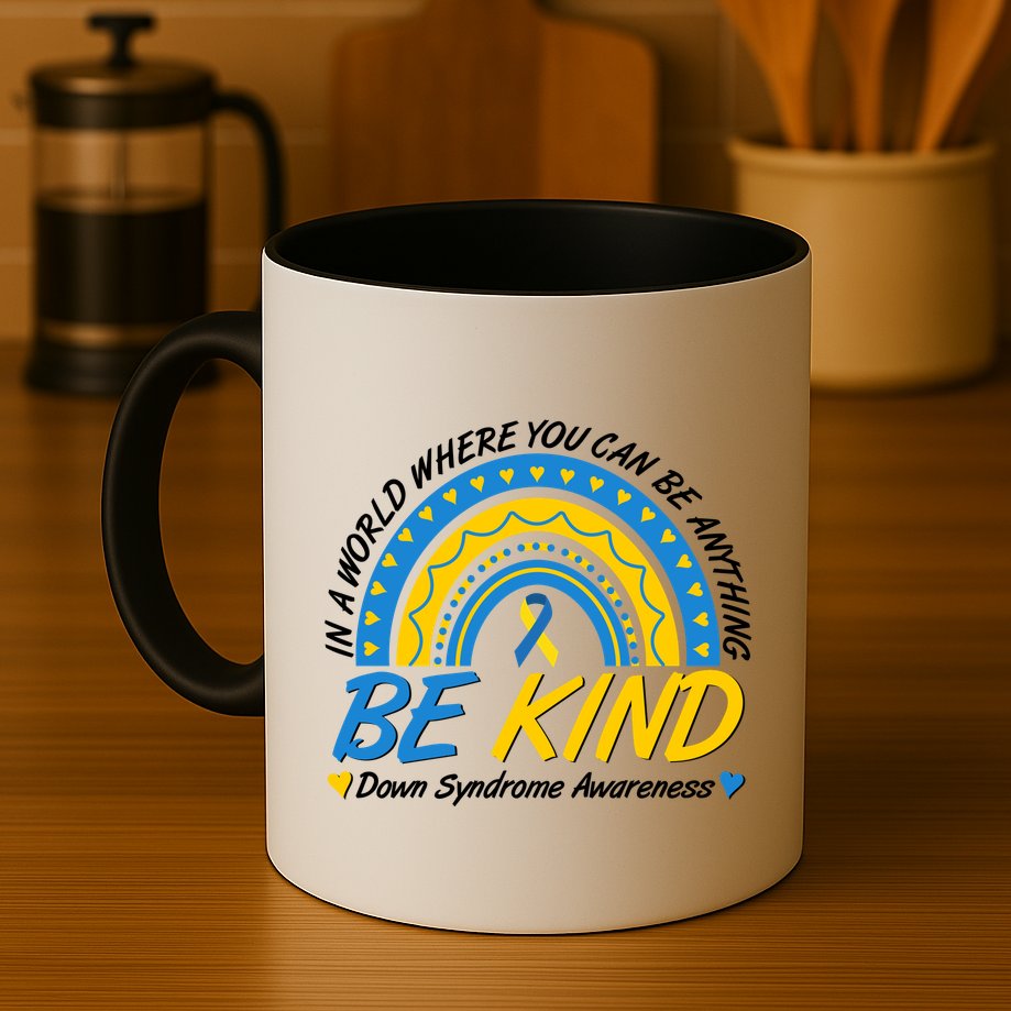 In A World Where You Can Be Anything Be Kind Down Syndrome Awareness Blue Yellow Mug