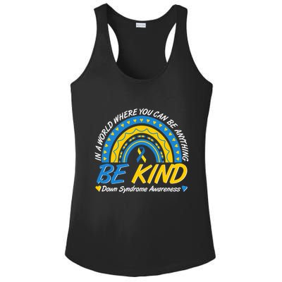 In A World Where You Can Be Anything Be Kind Down Syndrome Awareness Blue Yellow Ladies PosiCharge Competitor Racerback Tank