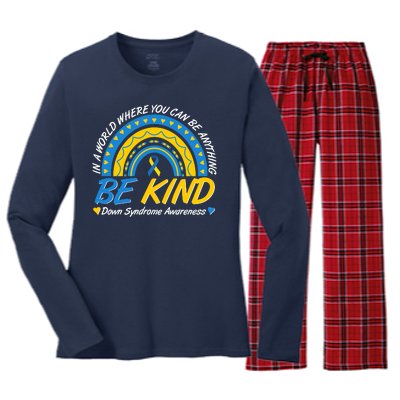 In A World Where You Can Be Anything Be Kind Down Syndrome Awareness Blue Yellow Women's Long Sleeve Flannel Pajama Set 