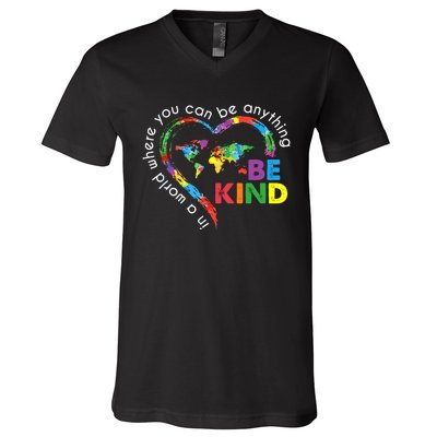 In A World Anything Be Kind Unity Day Heart Anti Bullying V-Neck T-Shirt