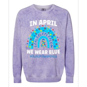 In April We Wear Blue Rainbow Autism Awareness Month Be Kind Colorblast Crewneck Sweatshirt