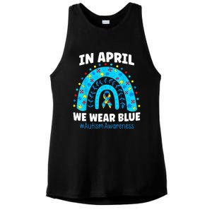 In April We Wear Blue Rainbow Autism Awareness Month Be Kind Ladies PosiCharge Tri-Blend Wicking Tank