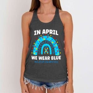 In April We Wear Blue Rainbow Autism Awareness Month Be Kind Women's Knotted Racerback Tank