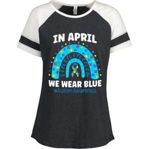 In April We Wear Blue Rainbow Autism Awareness Month Be Kind Enza Ladies Jersey Colorblock Tee